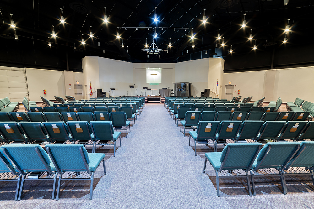 Empty Church Auditorium as members meet online.