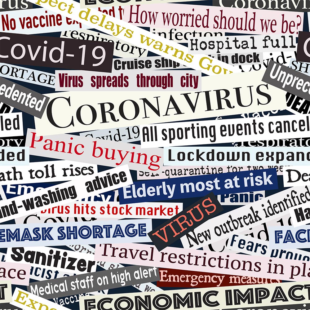 Newspaper headlines cut out and layed together in a collage with all the fear and worry of covid-19.