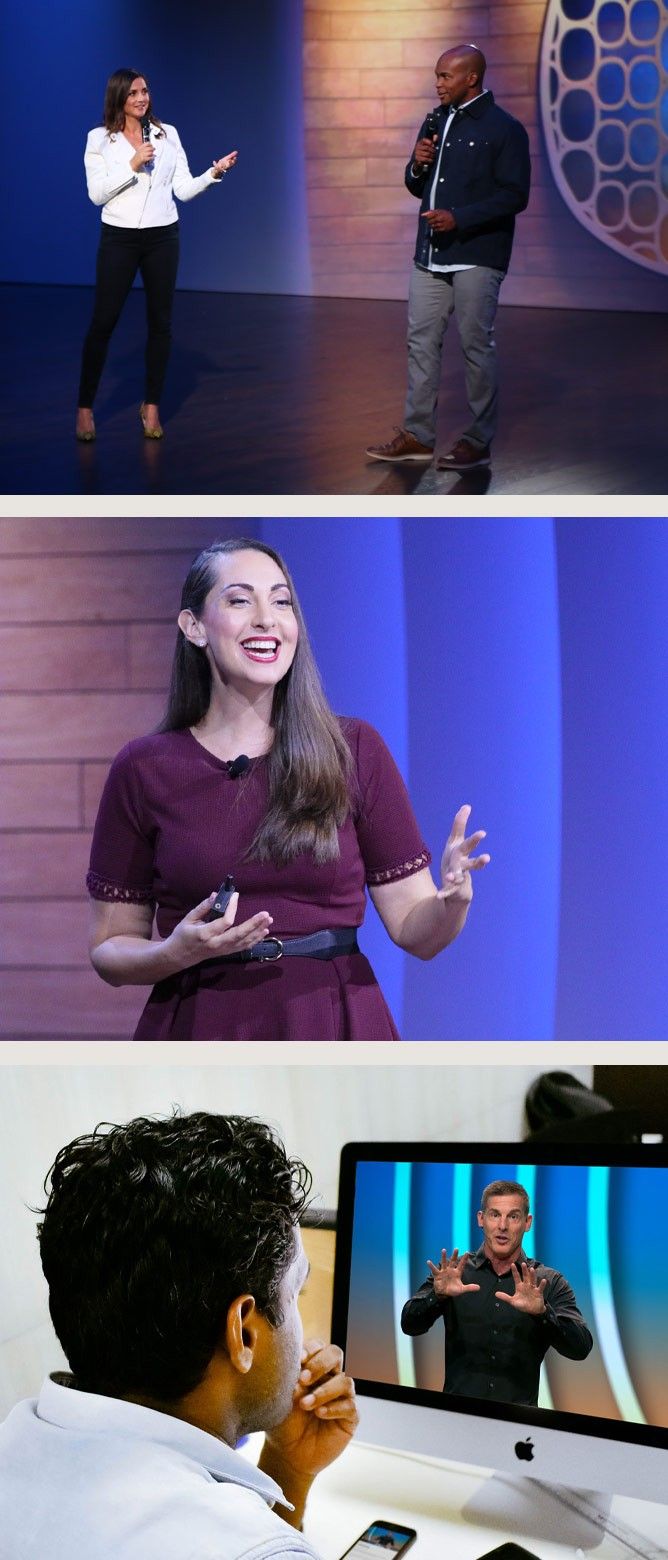 Three photos stacked on top of each other. From bottom to top, a man virtually watching Craig Groeschel speak, Vanessa Van Edwards talking at GLS20, and Paula Faris hosting alongside Trey McKnight from the Summit Stage.