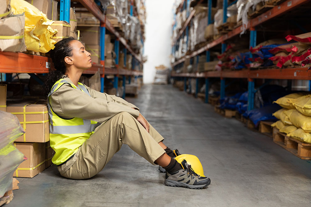 Tired female staff sitting with eyes closed in warehouse trying to rest.